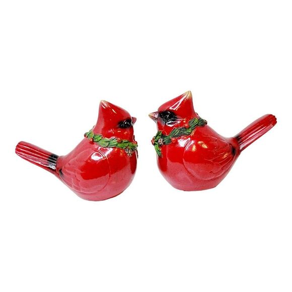 Set Of 2 Red Cardinal Birds Figurine Christmas Wreaths 3" Tall - Picture 2 of 9